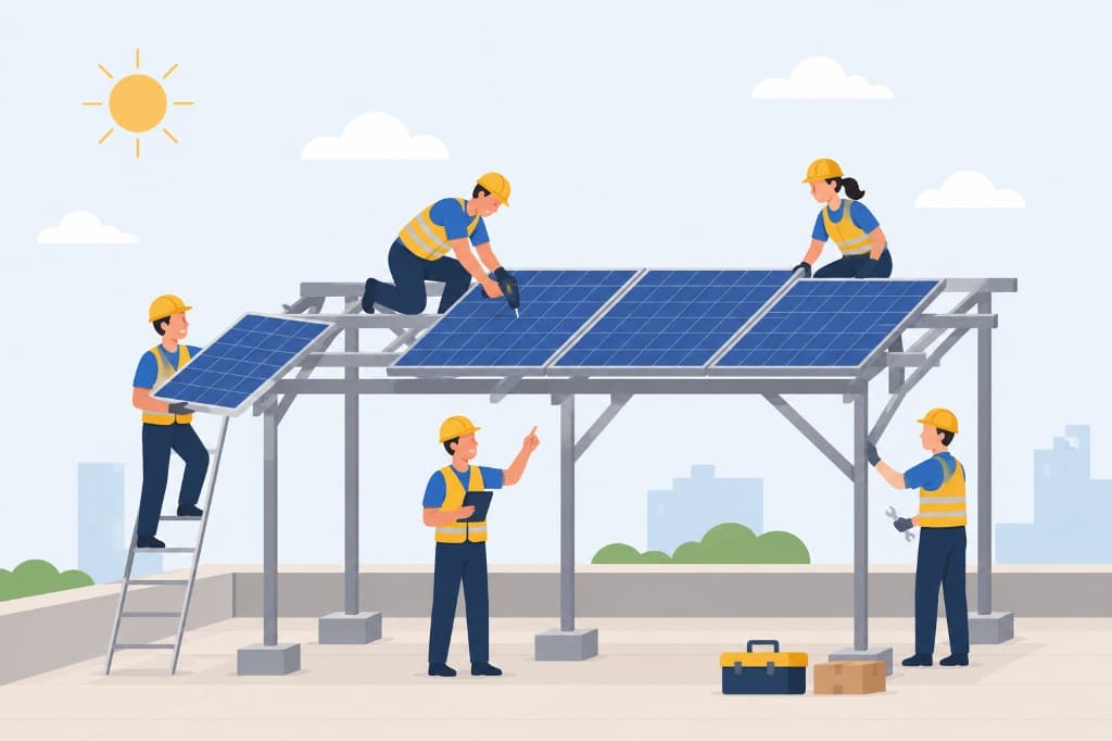 Solar installation team mounting panels on a rooftop